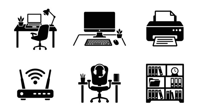 Collection of office and home office icons including desk computer printer router and bookshelf