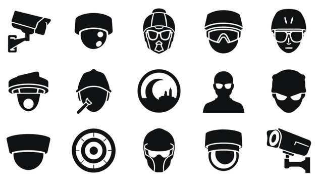 Surveillance cameras and masked figures represent advanced security monitoring and personal protection.