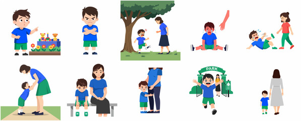 Fototapeta premium Child Emotional Development and Behavior Set, Toddler Having Tantrums, Crying, and Expressing Joy with Mother