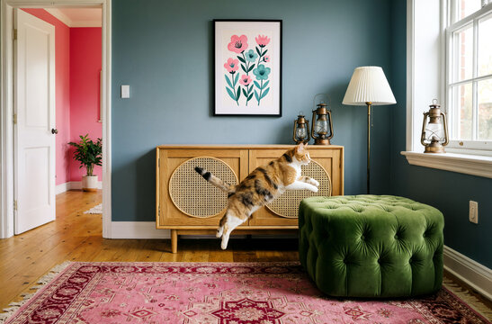 Calico Cat Jumping Over Ottoman in Vintage Living Room