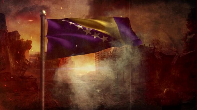 Bosnia and Herzegovina Flag with Cinematic Apocalypse Scene and Burning City