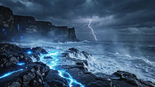 Stormy volcanic coastline with dark basalt cliffs and crashing ocean waves featuring blue bioluminescent light in the water and on rocks during a lightning storm at night.