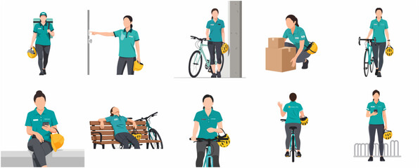 Fototapeta premium Set of flat vector illustrations featuring a female bicycle delivery courier in various poses and working situations.