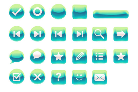 Frutiger Aero Y2K Style Web Buttons Set, Glossy Glass Icons in Neon Green Lime with Reflection