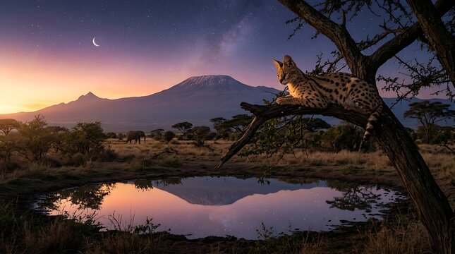 serval on tree branch at dusk photo animal wildlife savannah