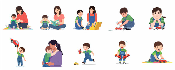 Fototapeta premium Set of illustrations featuring a boy breaking his toy car and his mother helping him fix it, depicting parenting, emotions, and learning