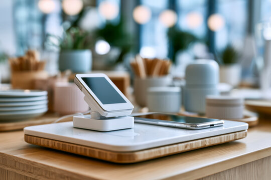 Cafe Payment Terminal on Counter With Cups and Tablet