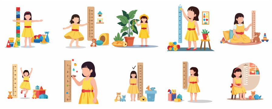 Little girl measuring height with wall chart collection, kids growth tracker illustration set