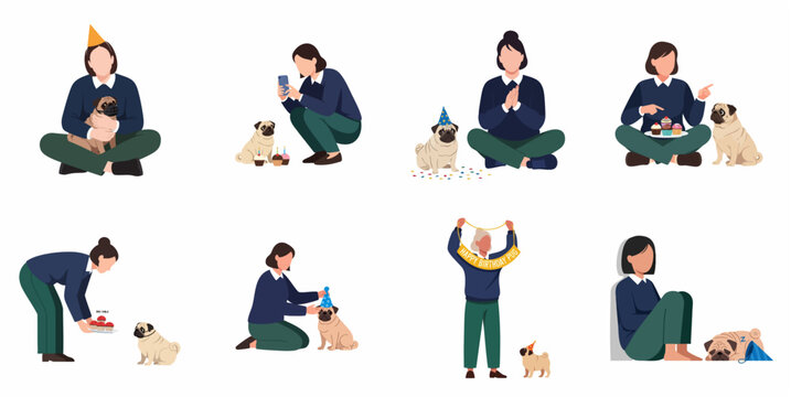 Flat vector illustration set of a young woman celebrating a pug dog's birthday, including various scenes of party preparation, hugging, feeding treats, and sleeping.