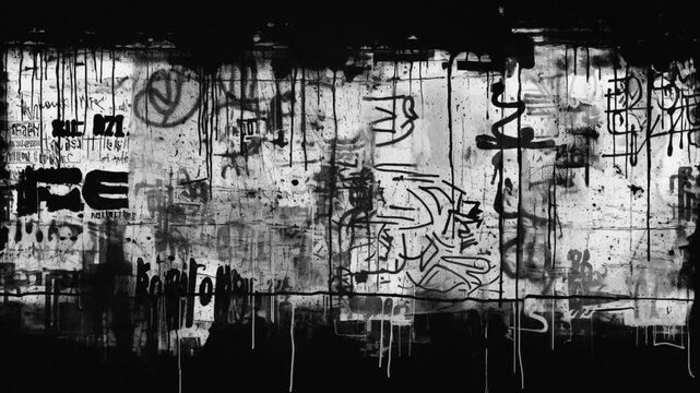 Gritty urban wall texture with black and white graffiti art.