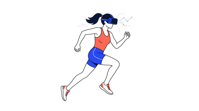 A woman wearing a virtual reality headset runs in a dynamic pose, symbolizing modern technology and fitness