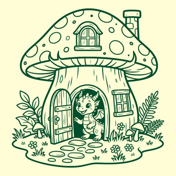 Little dragon character emerging from mushroom fairy house with mushroom coloring illustration
