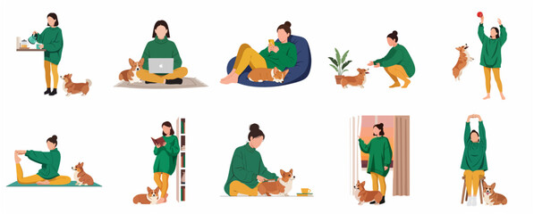 Fototapeta premium Vector illustration set of a young woman's daily routine at home with her cute corgi dog, practicing yoga, working, reading, and relaxing.