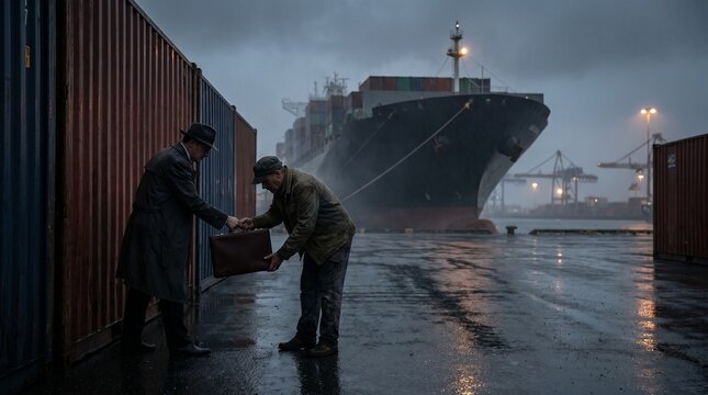 Maritime corruption and illegal trade concept: men secretly exchanging a briefcase at an industrial seaport near a container ship.