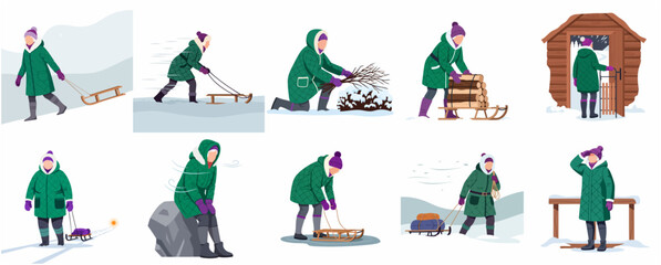 Woman in winter clothing performing various outdoor activities, gathering firewood and pulling sled set © Lorrenzo
