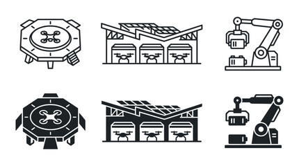 Naklejka premium Drone logistics and automation technology icons including landing pad warehouse and robotic arm with warehouse, robotics