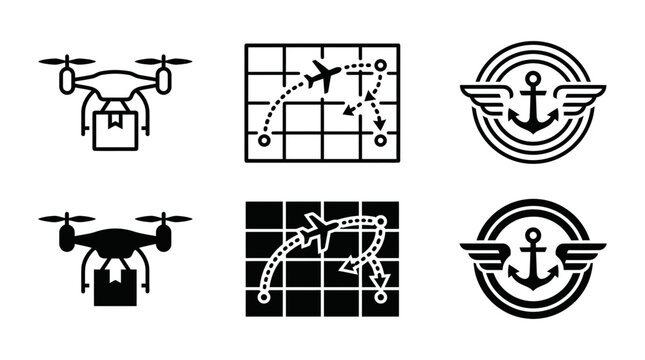 Logistics and travel icon set featuring delivery drone flight path mapping anchor emblem with wings logistics