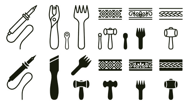 Collection of workshop craft and artisan tool icons featuring soldering irons mallet and decorative patterns, soldering