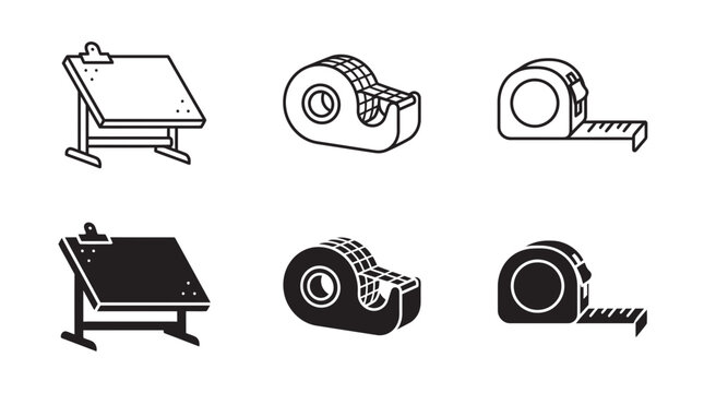 Set of drafting and construction measurement tools including drafting table, tape dispenser and tape measure, drafting