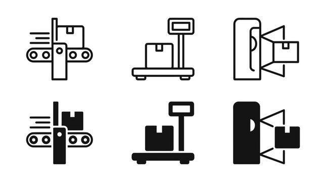 Logistics and warehouse conveyor packaging icons with logistics warehouse conveyor packaging shipping delivery