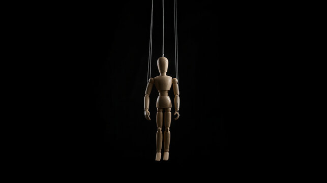 Articulated wooden mannequin puppet hanging by strings against a solid black background, concept of manipulation and control. Dark psychological theme, theatrical drama.