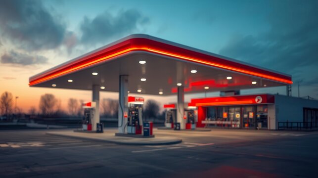 Modern gas station with bright red neon lights at dusk, fuel station infrastructure, transport services, energy industry.