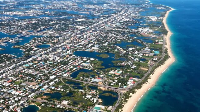 Aerial view of coastal city with beach