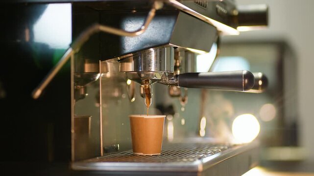 Professional espresso machine pouring hot coffee drink