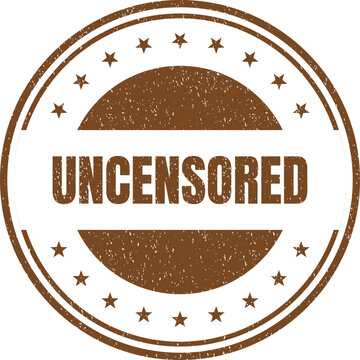 Distressed brown circular rubber stamp design with the word uncensored and decorative small stars around