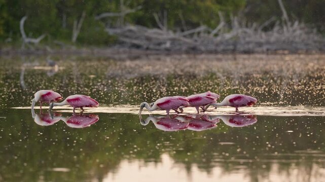 Flock of roseate spoonbills foraging in a golden pond at sunrise in the Everglades