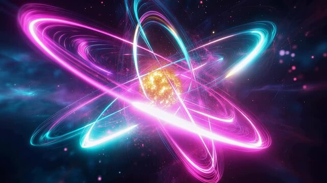 Glowing atomic structure with colorful orbiting light trails around bright nucleus creating futuristic science scene with quantum energy particle physics research and cosmic technology atmosphere