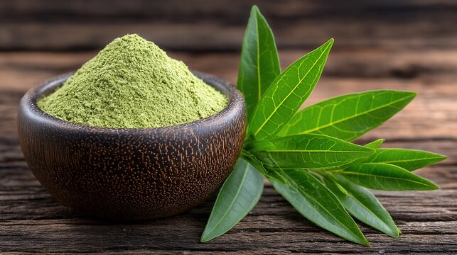 Henna powder in a wooden bowl with fresh henna plant leaves on wooden background natural beauty