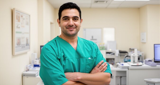 Portrait of confident male doctor with arms crossed standing at clinic.doctor in a medical dressing gown
