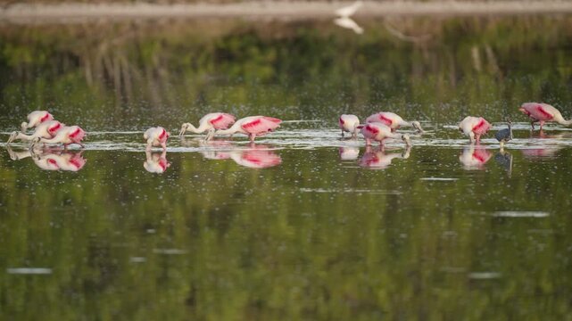 Large group of pink roseate spoonbills wading and feeding together