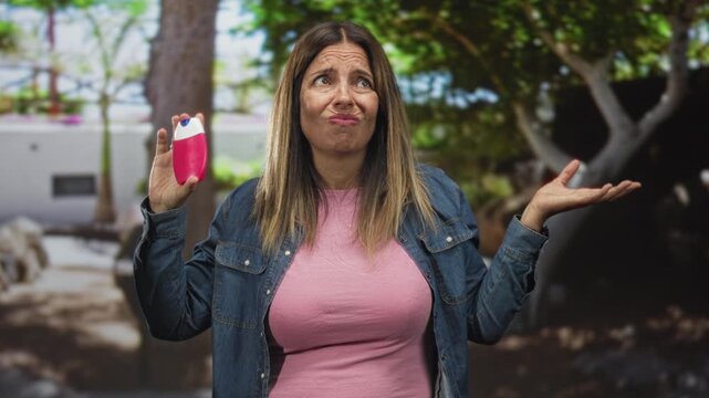 Woman holds pink toothpaste bottle in one hand and shrugs with other palm up in front of a building; confusion doubt.