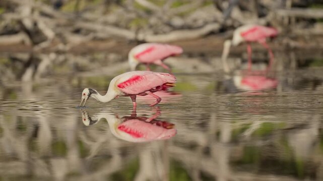 Small group of roseate spoonbills wading in a calm pond at Everglades National Park