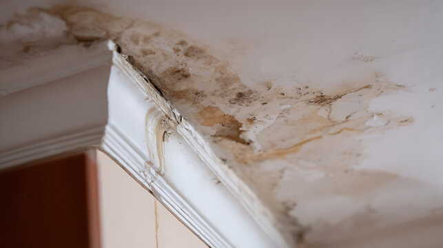 Severe water damage and mold growth marring a white ceiling near a corner, with visible wet patches and discoloration, indicate pressing repair needs