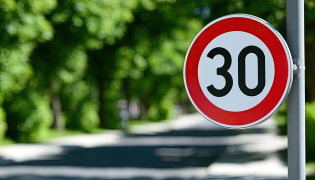 Circular speed limit sign with number 30 on a pole, blurred background