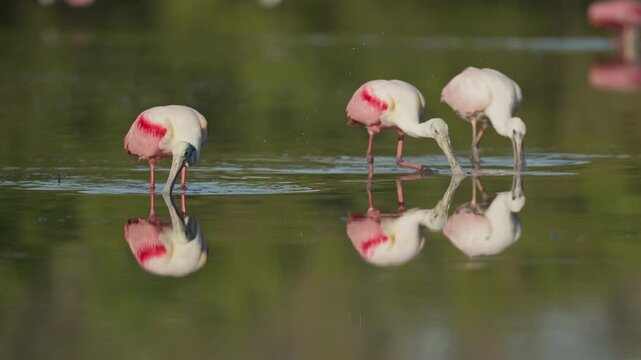 Pair of roseate spoonbills foraging in a calm pond at Everglades National Park
