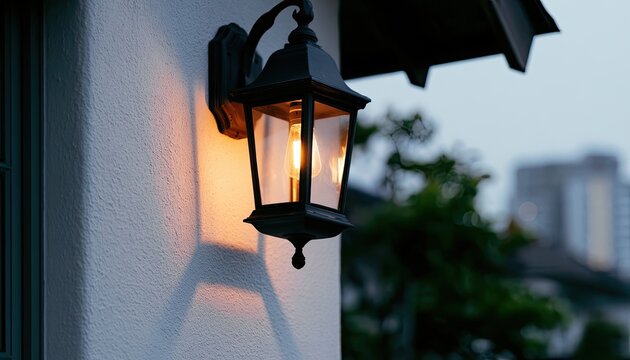 Outdoor wall lantern illuminates textured facade with soft, warm glow at dusk