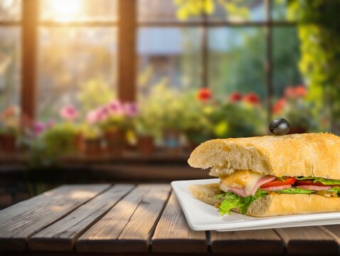 Sandwich ciabatta with ham and cheese on a wooden table in a sunny garden