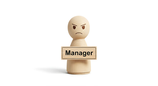 Toxic work environment angry boss conflict concept angry wooden peg figure holding Manager sign with clean white studio background for corporate HR conflict management blog banner