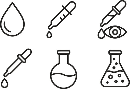 dropper droplet eye flask lab icons line art vector set