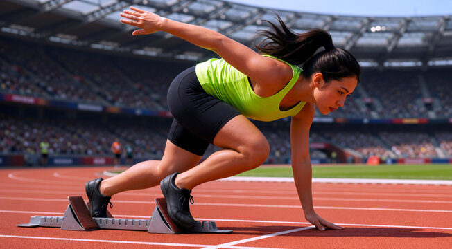 Young female athlete in lime green tank top preparing to sprint from starting blocks on a professional running track in a large crowded stadium.