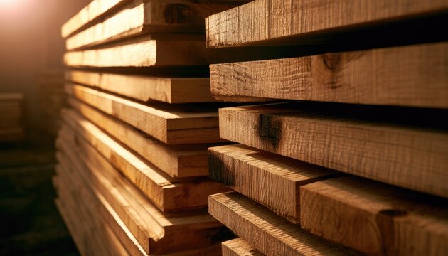Stacked, rough-cut lumber with warm, diffused light highlighting wood grain