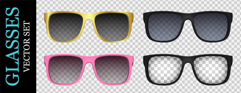 Realistic modern style glasses mockup pack isolated on transparent background. Sunglasses, vision, frame, lens, vintage eyeglasses in front view. Vector illustration