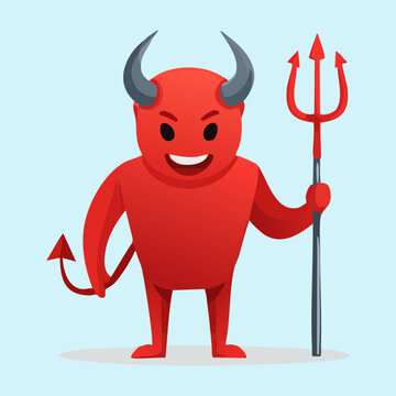 Cute cartoon red devil monster character vector holding a golden pitchfork with small horns and tail for playful halloween holiday graphics assets