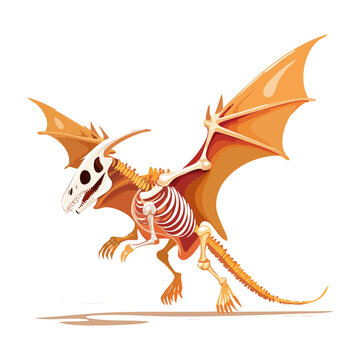 Prehistoric flying dragon reptile skeleton fossil vector illustration with large open wings and sharp tail bones for paleontology museum displays assets