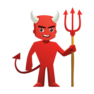 Adorable little red devil mascot vector illustration standing proudly with a gold pitchfork for cheerful children halloween party invitations assets