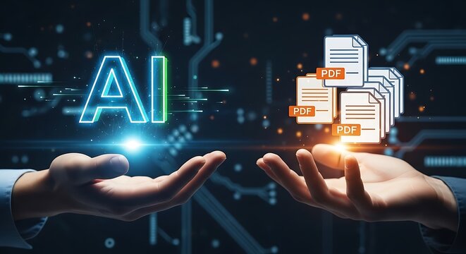 Hands holding a glowing digital ai text and a cluster of pdf document representing automated document management and digital file processing